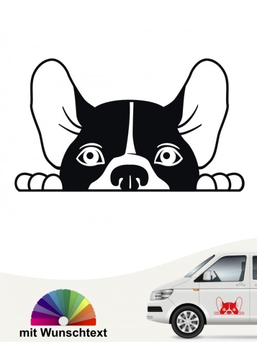 Französische Bulldogge Comic Hunde Kopf Autoaufkleber mit Wunschtext von anfalas.de